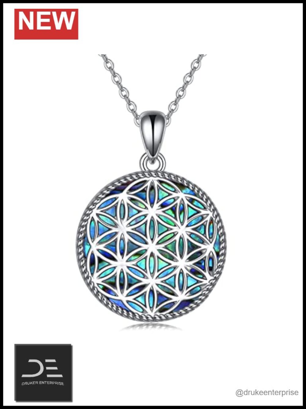 925 Sterling Silver Flower of Life Pendant Necklace Abalone Shell Sacred